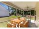Relaxing screened patio featuring a table, chairs, and ceiling fan perfect for enjoying the outdoors at 5053 Arbordale Way, Mount Holly, NC 28120