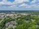 High aerial view displays lush neighborhoods, mature trees, and diverse rooftops under blue skies at 5522 Sharon Rd, Charlotte, NC 28210