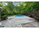 Backyard pool with concrete deck, surrounded by mature landscaping and lush greenery at 817 Quince Ct, Indian Trail, NC 28079