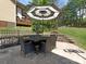 Stone patio with outdoor table and chairs, shaded by a large umbrella at 10201 Daufuskie Dr, Charlotte, NC 28278
