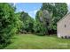 Large grassy backyard is surrounded by green trees and a wooden fence at 10508 Madison Park Dr, Charlotte, NC 28269