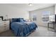 Comfortable bedroom with blue bedding, carpeted floors, and bright natural light from two windows at 145 Marron Dr, Indian Trail, NC 28079
