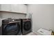 Modern laundry room features Samsung washer and dryer and white cabinets for storage at 145 Marron Dr, Indian Trail, NC 28079