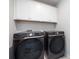 Laundry room featuring two sleek Samsung washing machines and storage cabinets above at 145 Marron Dr, Indian Trail, NC 28079