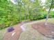 A serene backyard with a stone pathway leading through lush greenery, perfect for a peaceful retreat at 2037 Christopher Wood Ct, Indian Land, SC 29707
