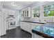 Classic kitchen with blue walls, white cabinets, and black countertops at 218 5Th Se St, Hickory, NC 28602