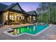 Backyard pool with stone patio, outdoor seating, and lush greenery, perfect for relaxation at 425 W North Corner Rd, Lancaster, SC 29720