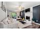 Bright living room features a white brick fireplace, comfortable seating, and access to the outdoor patio at 8819 Kishorn Ct, Charlotte, NC 28215