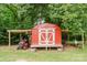 Charming red shed with white trim, offering storage and workspace in a backyard setting at 18 Shannon Ct, Newton, NC 28658
