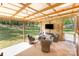 Relaxing covered patio with an outdoor seating area overlooking a backyard at 205 Timberfield Trl, China Grove, NC 28023
