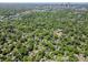 An aerial view showcasing neighborhood with lush trees and city skyline at 2125 Chatham Ave, Charlotte, NC 28205