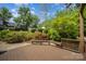 This is a backyard with a wooden deck and a landscaped garden with vibrant plants, and some shade at 2125 Chatham Ave, Charlotte, NC 28205