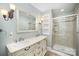 This is a stylish bathroom featuring a double vanity and a glass-enclosed shower, with ample storage at 2125 Chatham Ave, Charlotte, NC 28205