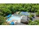 Aerial view of community pool, tennis courts, and playground surrounded by lush greenery at 2556 Howerton Ct, Charlotte, NC 28270