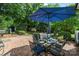 Outdoor patio with a dining table under a large shade umbrella at 2556 Howerton Ct, Charlotte, NC 28270