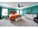 A vibrant bedroom with turquoise walls, white trim, and a king-sized bed with a colorful duvet at 4008 Houndscroft Rd, Indian Trail, NC 28079