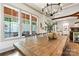 Elegant dining room features a rustic wood table, stylish chandelier, and large windows with scenic views at 4290 Palm Dr, Denver, NC 28037