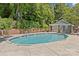 Community pool with tiled perimeter, marked depths, and a bath house at 430 Queens Rd # 111, Charlotte, NC 28207