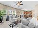 Bright living room featuring a ceiling fan, large windows, and modern decor with a cozy, inviting atmosphere at 6041 Laurent Ave, Fort Mill, SC 29715