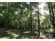 Lush backyard surrounded by mature trees and a secure black fence, offering privacy and a tranquil natural setting at 854 Silver Fox Dr, Concord, NC 28025