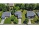 Aerial view of a home with a gray roof, surrounded by lush greenery and neighboring houses at 1218 Faversham Ln, Rock Hill, SC 29730