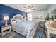 Comfortable bedroom with a tufted headboard bed, blue accent wall, and nautical decor at 3619 Whitney Way, Terrell, NC 28682