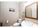 This bathroom has a toilet and a sink with a wood frame mirror hanging over it at 5933 Flintlock Ct, Hickory, NC 28601