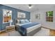 A modern bedroom with panelled accent wall and blue and white decor at 7328 Starvalley Dr, Charlotte, NC 28210