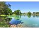 Still pond with a house and trees in the background reflects the blue sky above at 10716 Meg Meadow Dr, Mint Hill, NC 28227