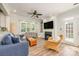 Bright living room featuring a cozy fireplace, comfortable seating, large windows, and hardwood floors at 18524 Mizzenmast Ave, Cornelius, NC 28031