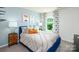 Stylish bedroom featuring a blue accent wall, modern art, and patterned curtains at 4615 Harris Elliot Rd, Lincolnton, NC 28092