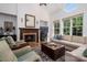 Cozy living room with a fireplace, comfortable seating, and large windows for natural light at 8028 Water View Dr, Belmont, NC 28012