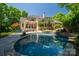 Private backyard oasis featuring a stunning pool, waterfall feature and serene outdoor living space at 8028 Water View Dr, Belmont, NC 28012