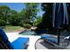 Beautiful backyard pool area with a waterfall feature, lounge chairs and lush landscaping at 8028 Water View Dr, Belmont, NC 28012
