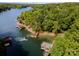 Aerial view of the lake with docks, boats, jet ski, kayaks, and lush trees from a bird's eye perspective at 9066 Tulagi Ct, Tega Cay, SC 29708