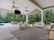Beautiful covered patio featuring comfortable seating, ceiling fans, television and a view of the refreshing pool at 1515 Millbridge Pkwy, Waxhaw, NC 28173