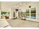 Relaxing covered patio overlooking a fenced pool with seating area, TV, and lush landscaping at 15306 Gower Ct, Charlotte, NC 28278