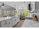 Bright, white kitchen with stainless appliances, island with sink, and view to dining area and outdoor scenery at 2336 Beth Haven Church Rd, Denver, NC 28037