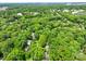 Overhead neighborhood view highlighting lush greenery and charming homes with a distant city skyline at 2731 Creekbed Ln, Charlotte, NC 28210