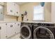 Functional laundry room with modern washer/dryer, storage cabinets, and a window for natural light at 3022 8Th Street Ne Ct, Hickory, NC 28601