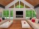 Open living room with modern furniture, vaulted ceilings, wood floors, and picturesque views of the outdoors at 3385 Rainbow Dr # 7A, Marvin, NC 28173