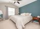 Relaxing bedroom featuring vaulted ceilings, carpeted floors, and neutral tones with a pop of blue at 413 River Park Rd, Belmont, NC 28012