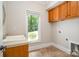Well-lit laundry room with a sink and storage cabinets at 6868 St Peters Ln, Matthews, NC 28105