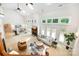 Large living room with tall ceilings, fireplace, and access to back patio at 6868 St Peters Ln, Matthews, NC 28105