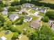 Aerial view of a suburban neighborhood highlighting mature trees, lawns, and residential streets at 9916 Meadowmead Ct # 17, Charlotte, NC 28273
