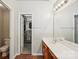 Bathroom featuring a vanity with a sink, a mirror, and a view into the closet space and toilet area at 10316 Willingham Rd, Huntersville, NC 28078