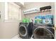 Laundry room with front-loading washer and dryer, as well as shelving for storage at 11232 Tradition View Dr, Charlotte, NC 28269