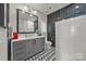 Bathroom featuring a vanity with white countertop, unique shower, and black and white tiled floors at 1550 High St, Charlotte, NC 28211
