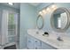 Bright bathroom featuring a dual vanity with two mirrors, tiled backsplash, and ample natural light at 206 Summey Barker Dr, Dallas, NC 28034