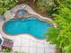 Aerial view of a backyard pool with a hot tub, climbing wall, and lush greenery at 404 Basingdon Ct, Waxhaw, NC 28173